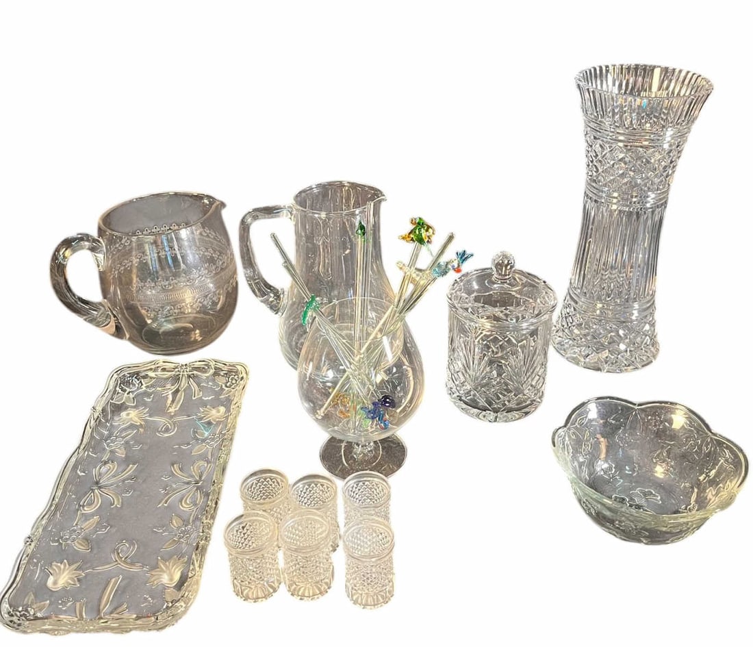 LOT OF CUT GLASS: LOT OF CUT GLASS - 2 PITCHERS, 1 JAR, 1 CRYSTAL CUT VASE, 1 BOWL, GLASS W/ DRINK STIRRERS, PLATTER, AND 6 SHOT GLASSES