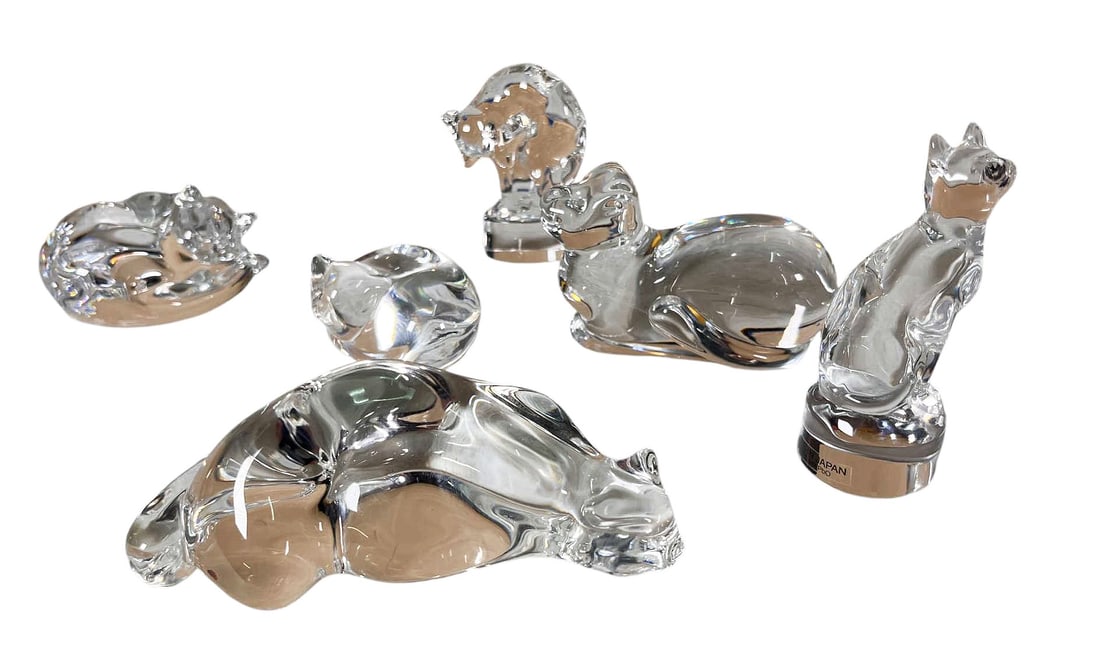 SET OF SIX CRYSTAL CATS: SET OF SIX CRYSTAL CATS. Height: 2 in. by Width: 6 in. by Depth: 2.5 in.