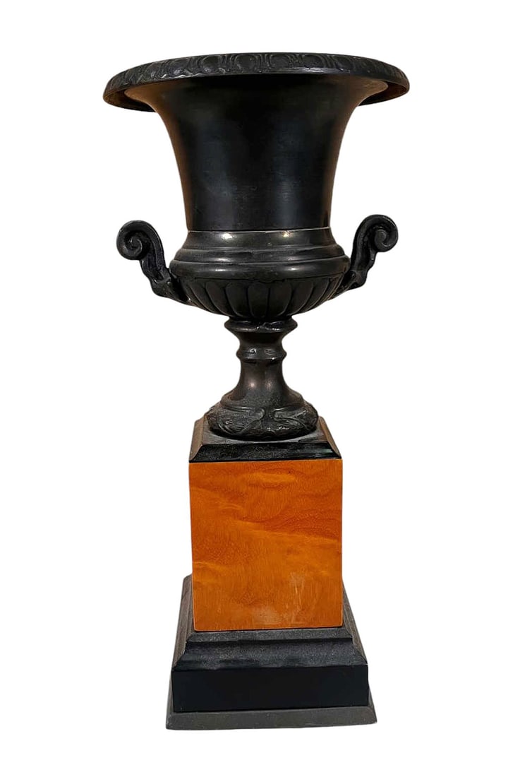 MOUNTED SILVER URN: MOUNTED SILVER URN. Height: 14 in. by Width: 7.5 in.