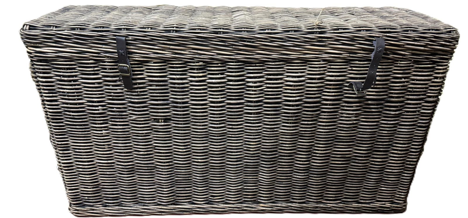 GRAY WOVEN BASKET/TRUNK W/ BLACK LEATHER ACCENTS (1 of 4)