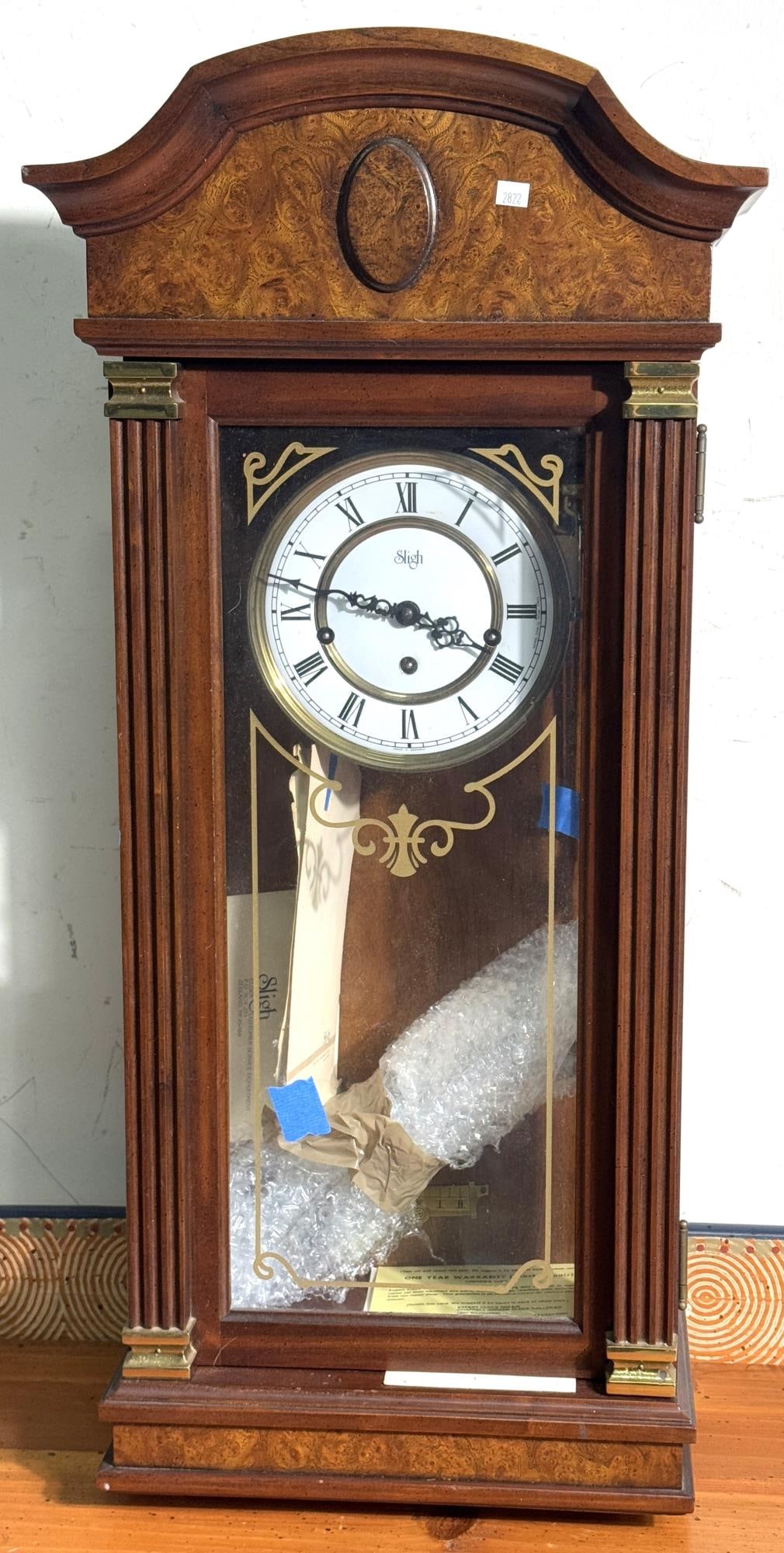 50VINTAGE MAHOGANY WALL CLOCK: VINTAGE MAHOGANY WALL CLOCK Height: 30.6 in. by Width: 14.5 in. by Depth: 8 in.