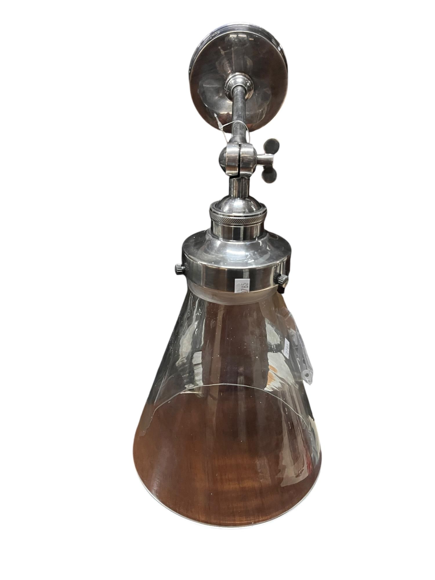 CHROME AND GLASS SHADE SCOUNCE/PENDANT: CHROME AND GLASS SHADE SCOUNCE WITH DETAILED HARDWARE. Height: 19 in. by Width: 9 in.