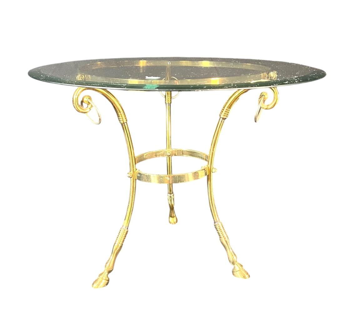 BRASS AND GLASS SIDE TABLE: BRASS AND GLASS SIDE TABLE Height: 16.5 in. by Width: 22 in. by Depth: 22 in.