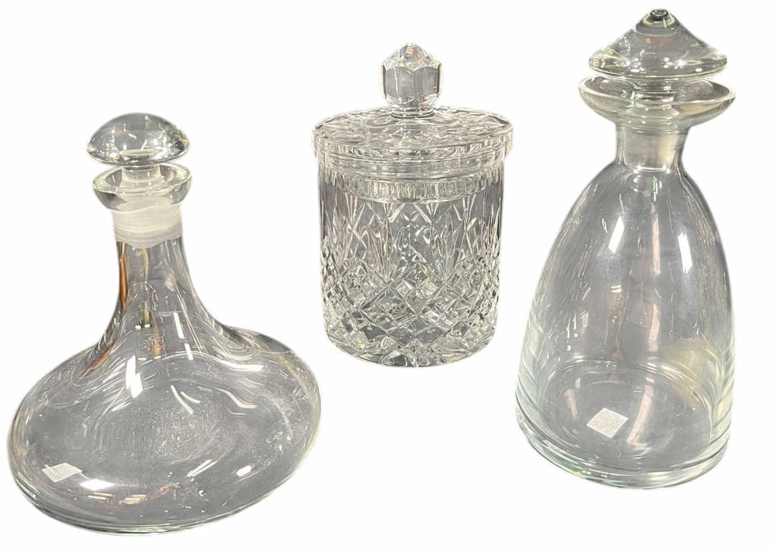 TWO CUT GLASS DECANTERS, AND CRYSTAL CONTAINER (1 of 4)