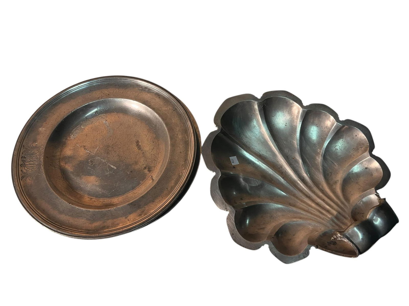 SET OF THREE LARGE SILVER CHARGERS, SHELL PLATTER (1 of 6)