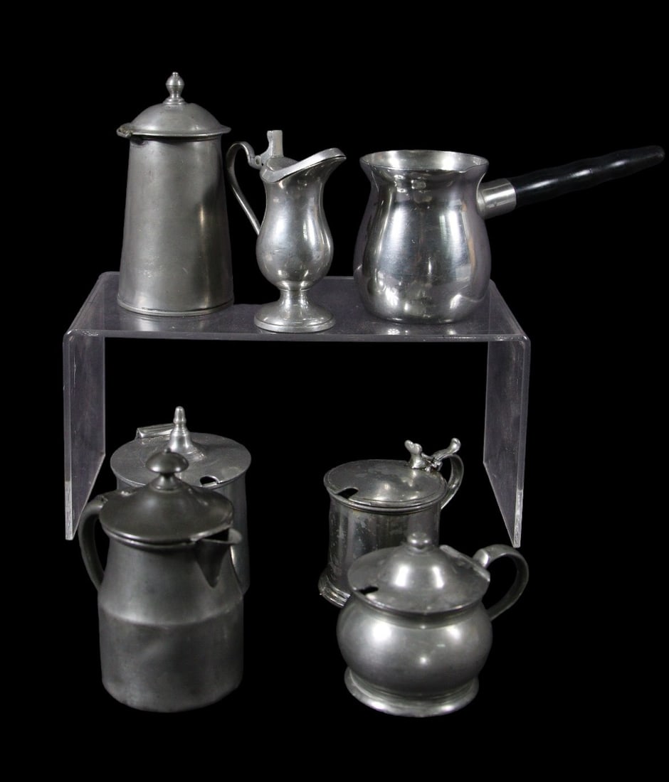 7 PEWTER CREAMERS AND GRAVY SERVERS: 7 PEWTER CREAMERS AND GRAVY SERVERS. Height: 5.5 in. by Width: 3 in. by Depth: 6