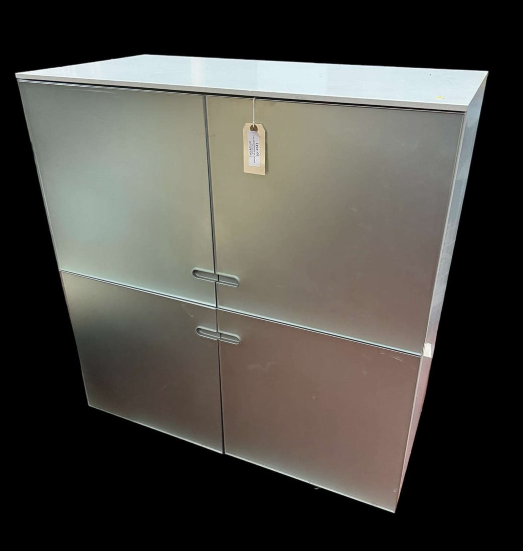 ACCENT CABINET WITH DOORS: LUCITE ACCENT CABINET WITH FOUR DOORS. Height: 44.5 in. by Width: 38 in. by Depth: 19 in.