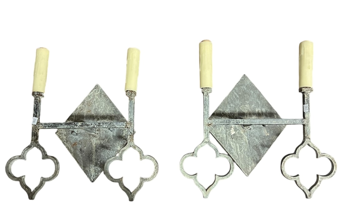 PAIR OF SCOUNCES WITH DIAMOND BASE + FLORAL ACCENT: PAIR OF iron SCOUNCES WITH DIAMOND BASE + FLORAL ACCENT. AGED IRON GRAY COLOR. Height: 14 in. by Width: 13.2 in.