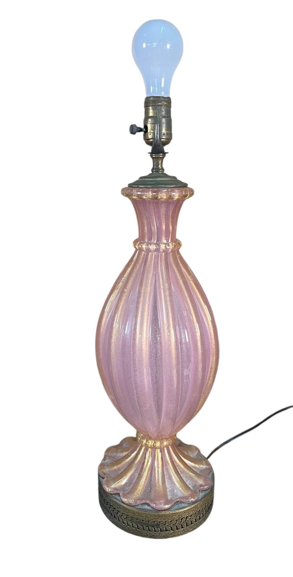1930S-1950S VTG MURANO PINK AND GOLD LAMP: 1930S-1950S VTG ITALIAN MURANO PINK AND GOLD LAMP Height: 12 in. by Width: 9.5 in.