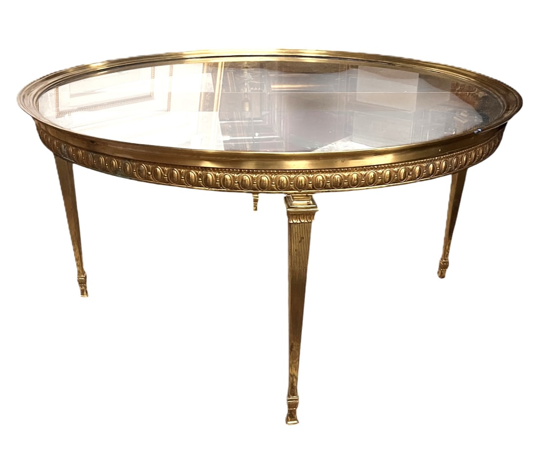 BRASS AND GLASS ROUND GLASS COFFEE TABLE (1 of 3)