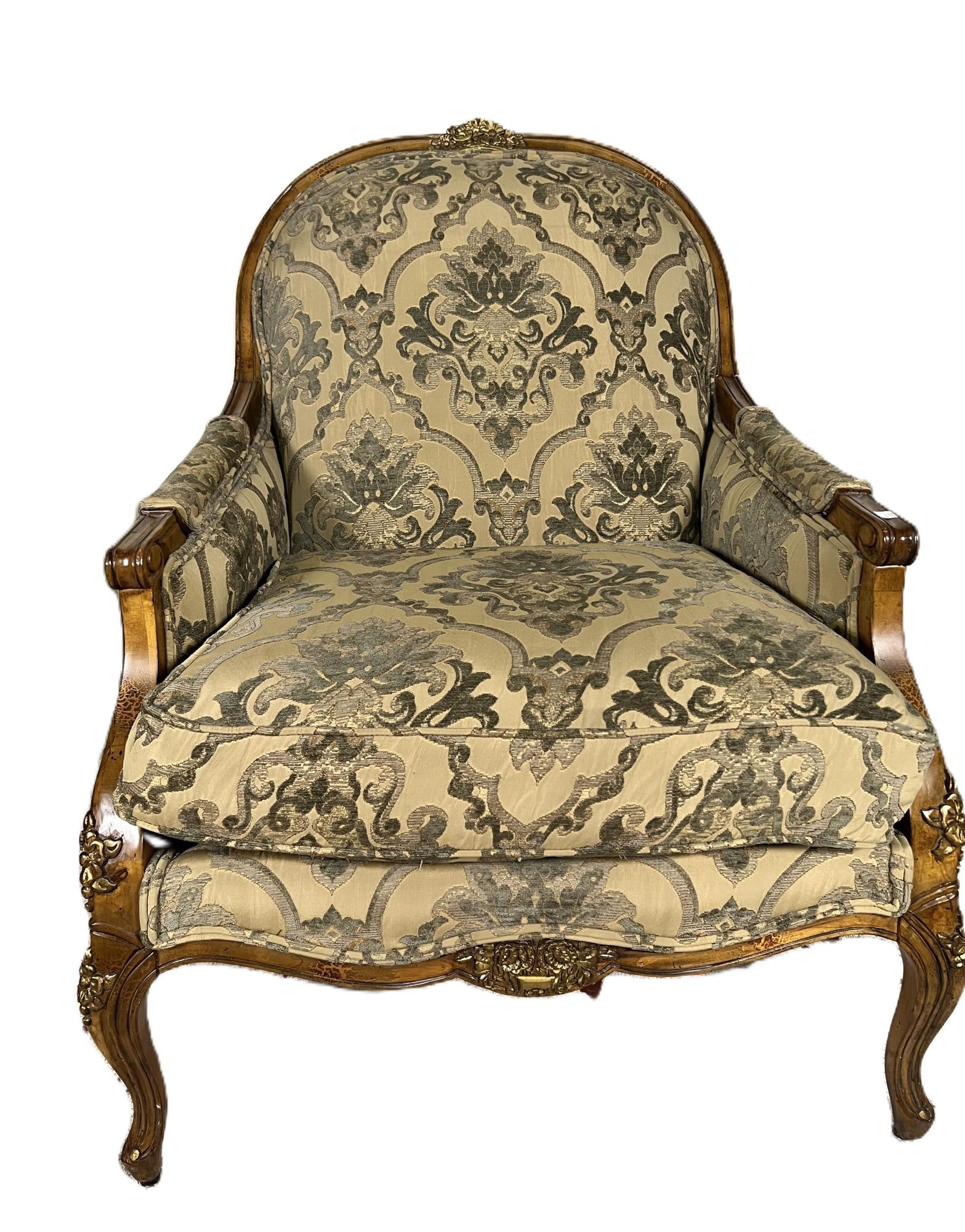 FRENCH BERCHERE WITH NICE UPHOLSTERY: FRENCH BERCHERE WITH NICE UPHOLSTERY, RAISED ON CABRIOLE LEGS. Height: 38 in. by Width: 32 in. by Depth: 29 in.