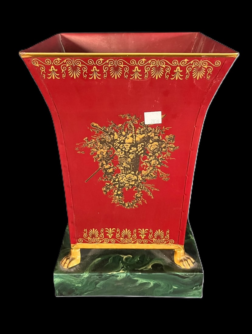 FRENCH DIRECTORIVE STYLE RED TOILE URN: FRENCH DIRECTORIVE STYLE RED TOILE URN Height: 13.5 in. by Width: 9 in. by Depth: 9 in.