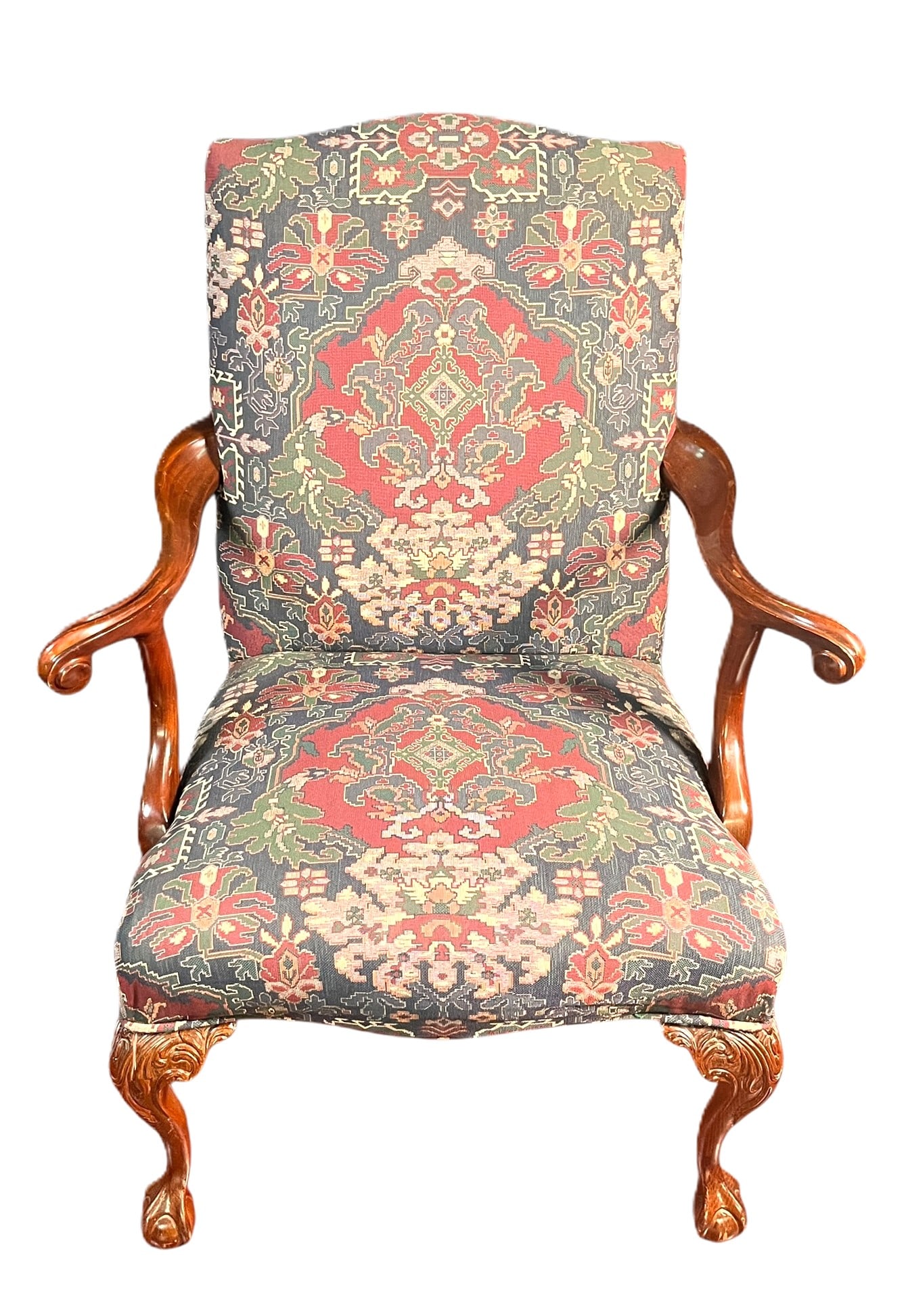 GEORGIAN STYLED UPHOLSTERED ARM CHAIR: GEORGIAN STYLED UPHOLSTERED ARM CHAIR SEAT HEIGHT = 19.5 IN. Height: 42 in. by Width: 32 in. by Depth: 32 in.