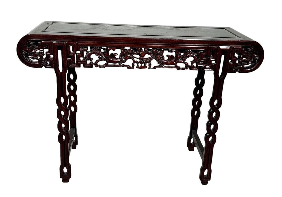 ANTIQUE CHINESE ROSEWOOD ALTAR TABLE: ANTIQUE CHINESE ROSEWOOD CARVED & PIERCED ALTAR TABLE. Height: 27 in. by Width: 33 in. by Depth: 7 in.