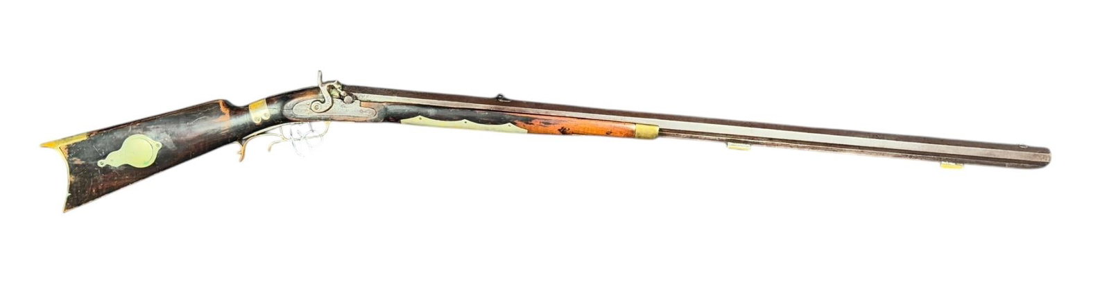 S.H. WARD .36 CALIBER HALF STOCK LONG RIFLE: Solomon H. Ward .36 caliber half stock percussion American long rifle. VII. S.H. WARD and Jamestown NC stamped on barrel behind rear sight. Engraved side plate. 40.5" octagonal barrel. Double trigger.