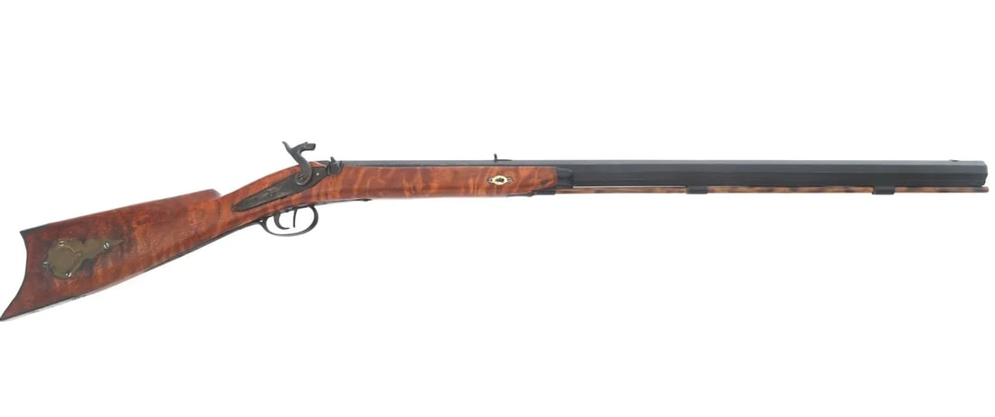J. KELLER HALF STOCK .50 CALIBER PERCUSSION RIFLE: J. Keller half stock .50 caliber percussion conversion rifle. Fixed sights. wood stock. Patchbox on right side of the butt stock. Steel butt plate. Ram rod. Caliber / Gauge: 50 Barrel Length: 32" ANTI