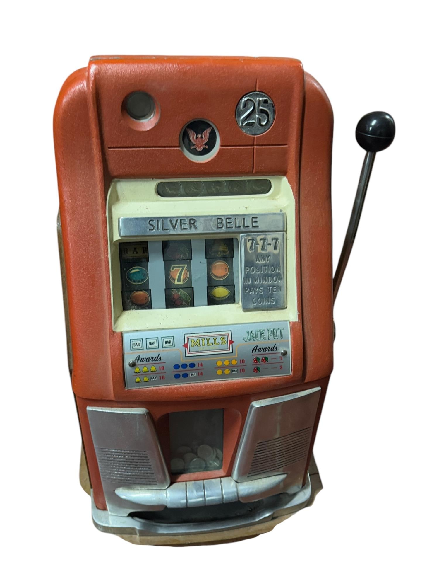 ANTIQUE SLOT MACHINE SILVERBELL MILLS BELL-O MATIC: ANTIQUE SLOT MACHINE 777 ANY POSITION MILLS BELL-O MATIC 25CENT Height: 26 in. by Width: 15 in. by Depth: 14