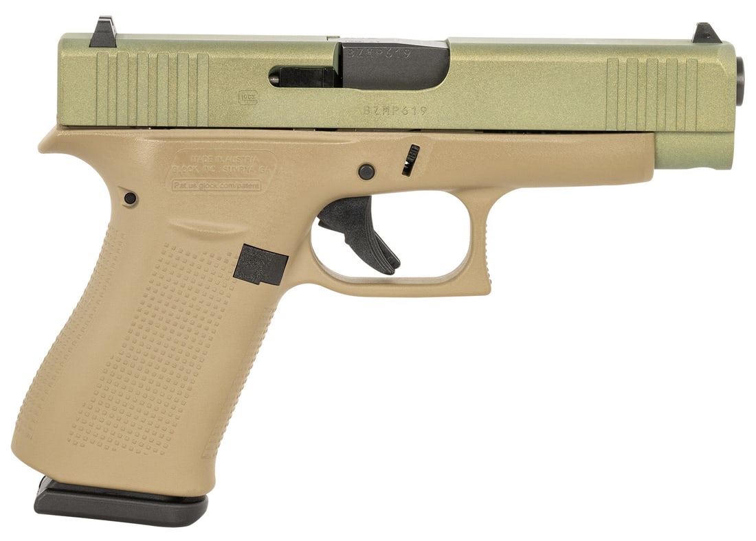 Glock PA4850204CTAG G48 Compact Slim 9mm Luger: Glock PA4850204CTAG G48 Compact Slim 9mm Luger 10+1 4.17" Black GMB Barrel, Agoge Green Serrated Slide, Coyote Tan Cerakote Polymer Frame w/Beavertail, Coyote Tan Polymer Grip, Right Hand New in Box S