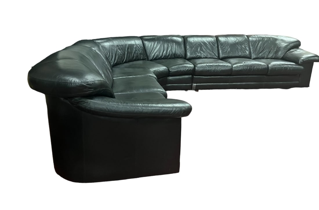 THREE PC BLACK LEATHER SECTIONAL SOFA: THREE PC BLACK LEATHER SECTIONAL SOFA. Has a small tear. Height: 33 in. by Width: 180 in. by Depth: 114 in.