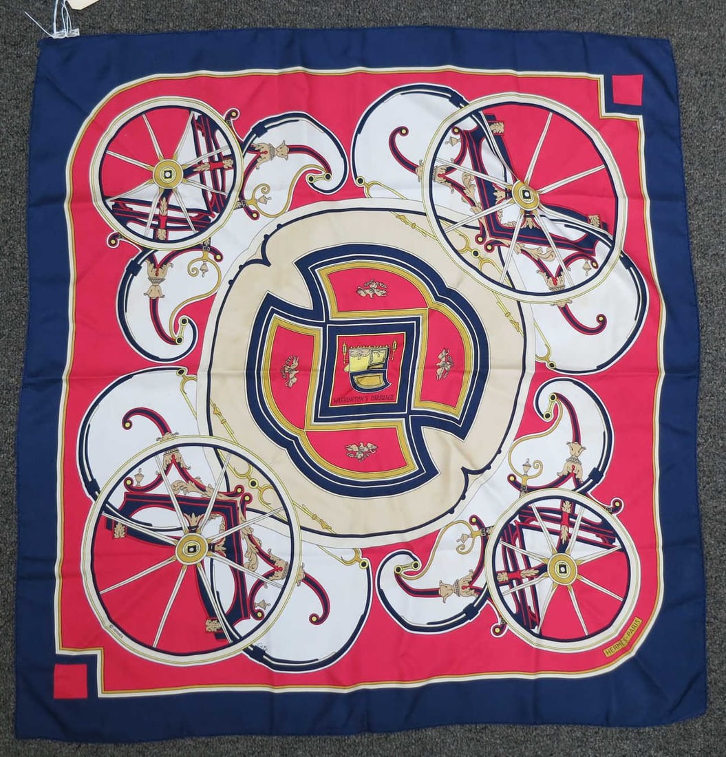 Hermes Scarf Washington's Carriage by: Hermes Scarf Washington's Carriage by Caty Latham Navy/Beige/Ivory/Red/Yellow. 100% Twill Silk. France AAU2262 Height: 35 in. by Width: 35 in.