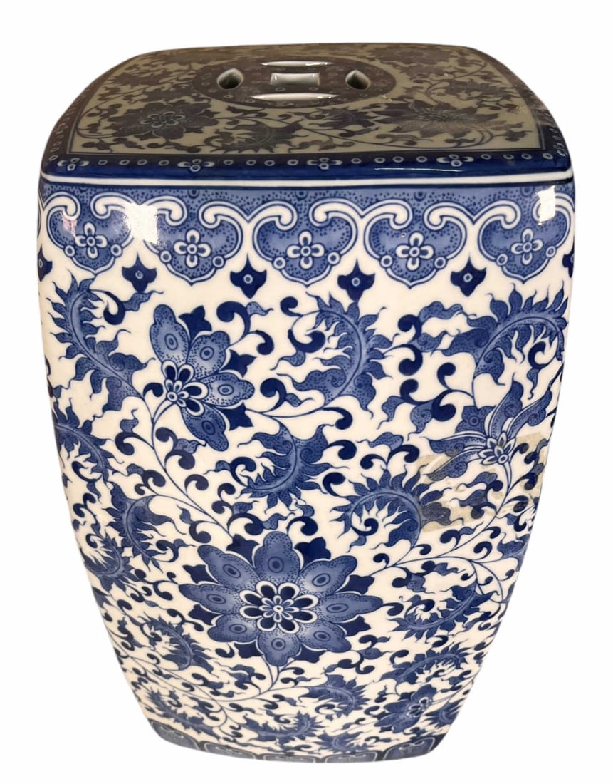 CHINESE BLUE & WHITE PORCELAIN GARDEN STOOL: CHINESE BLUE & WHITE PORCELAIN GARDEN STOOL. Height: 19 in. by Width: 11 in. by Depth: 11 in.