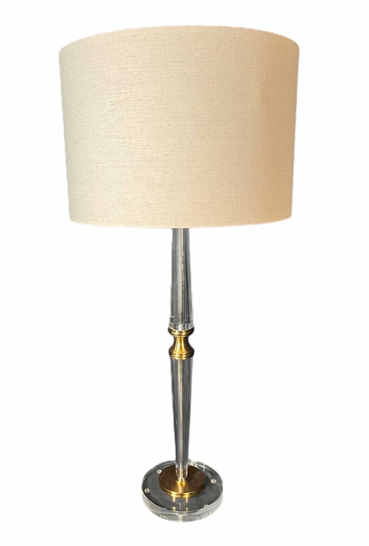 CURREY & CO. LUCITE AND ANTIQUE PATINATED BRASS LAMP: CURREY & CO. LUCITE AND ANTIQUE PATINATED BRASS LAMP. Height: 35 in. by Width: 7.5 in. by Depth: 7.5 in.