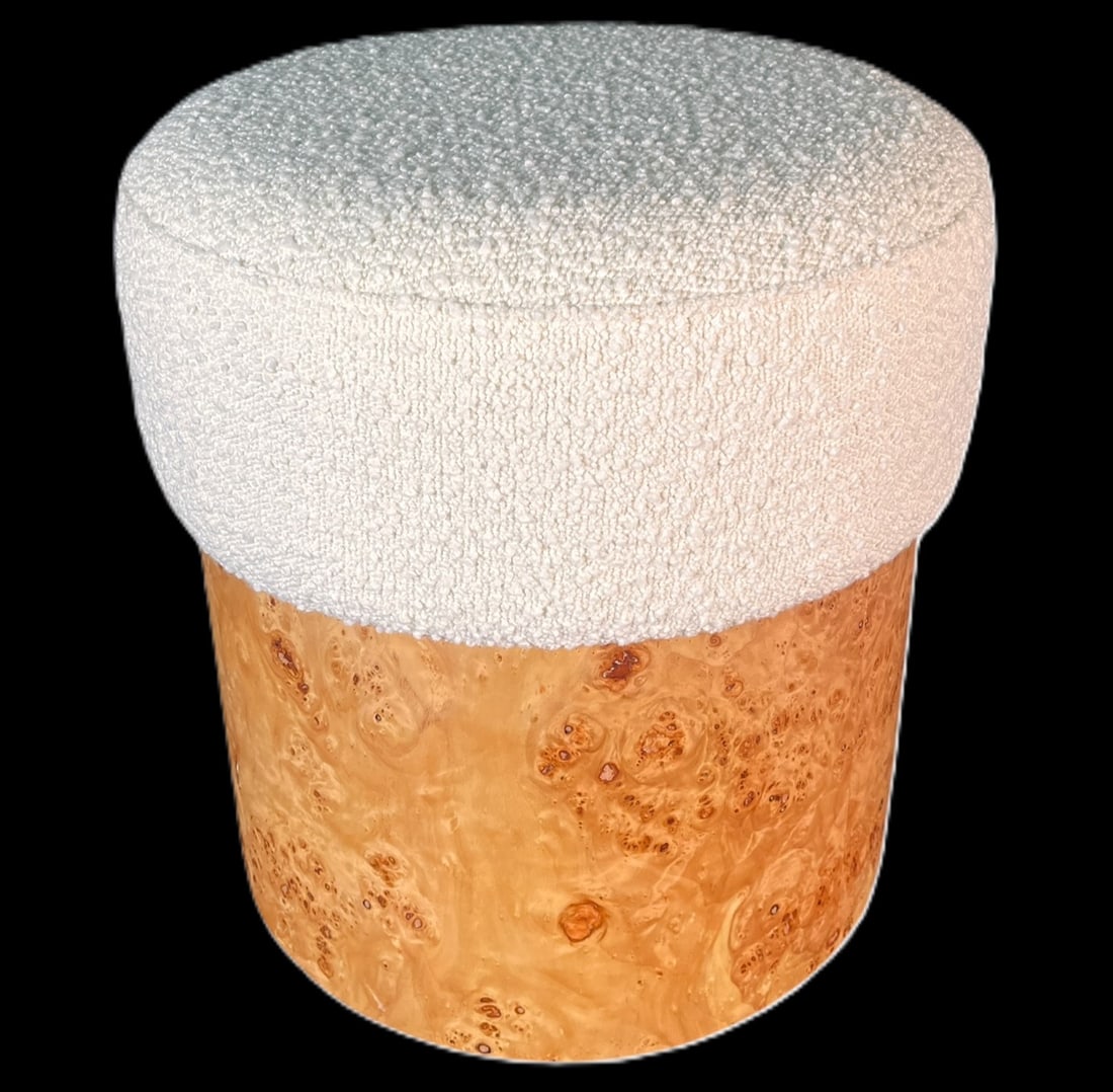 CONTEMPORARY UPHOLSTED BURLED WOOD BASE STOOL (1 of 2)