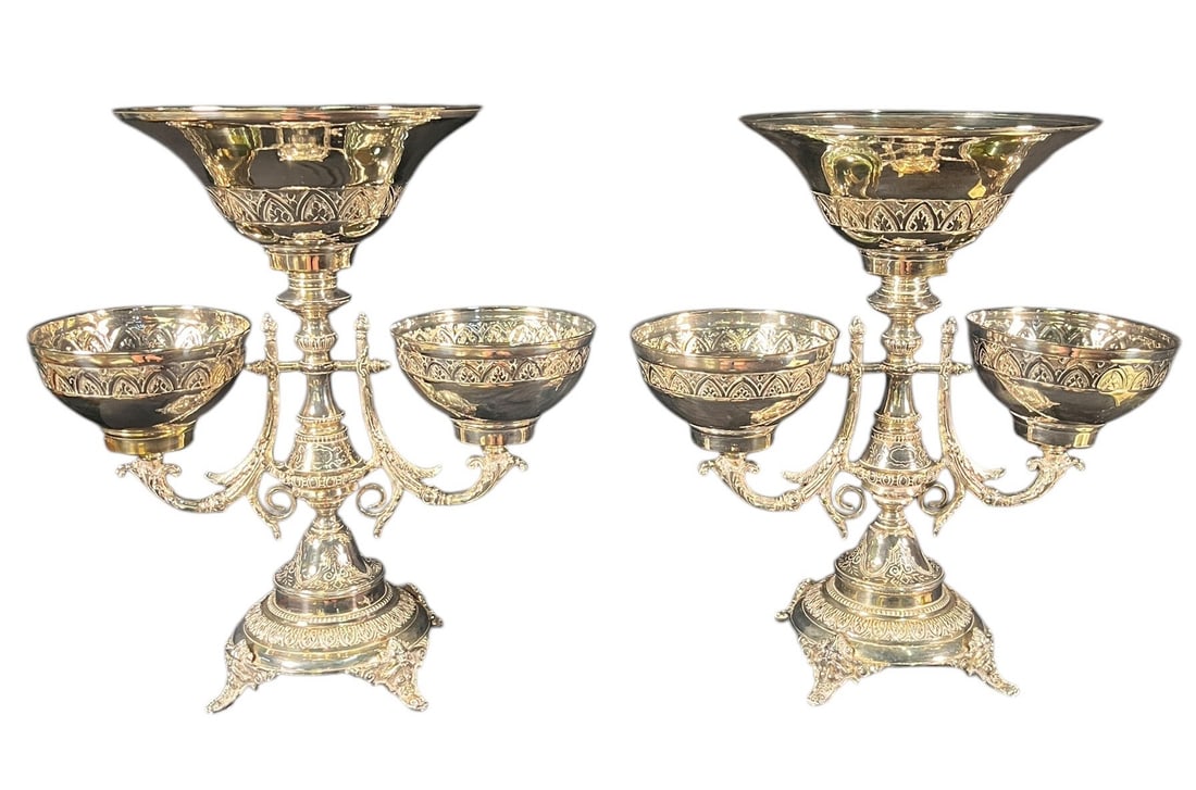 PAIR OF ANTIQUE ENGLISH SILVER EPERGNES: PAIR OF ANTIQUE ENGLISH SILVER PLATE EPERGNES. Height: 17 in. by Width: 16 in. by Depth: 10 in.