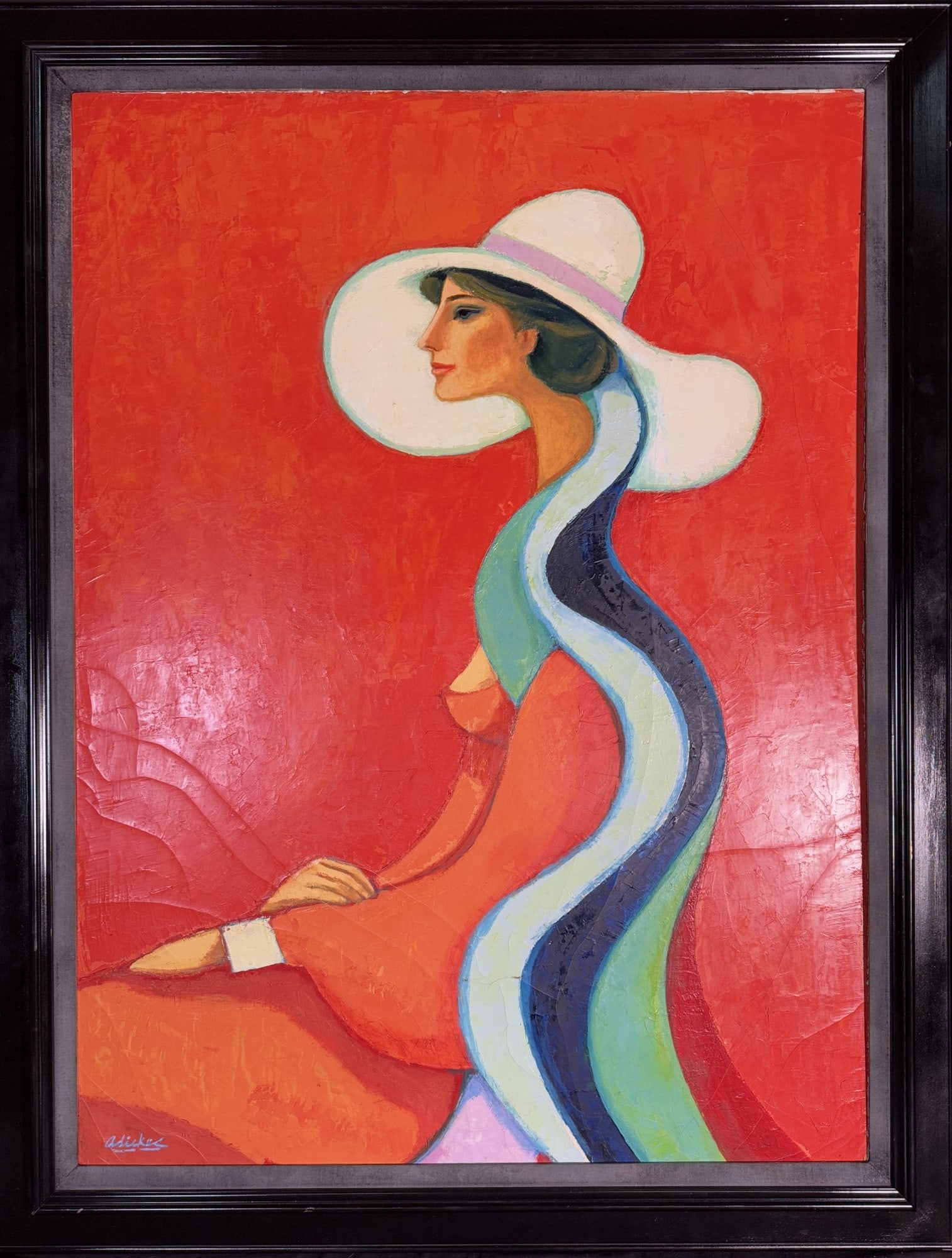 DAVID ADICKES FRENCH FEMALE ACRYLIC ON PANEL: DAVID ADICKES FRENCH FEMALE ACRYLIC ON PANEL. Height: 55 in. by Width: 42 in.