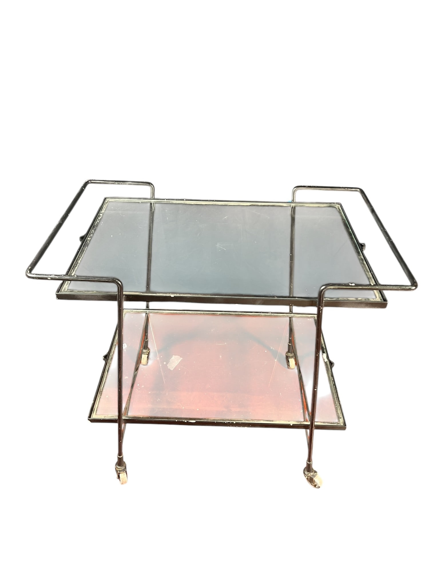 CIRCA 1940's GLASS AND IRON BAR CART: CIRCA 1940's GLASS AND IRON BAR CART Height: 32.5 in. by Width: 35 in. by Depth: 21 in.