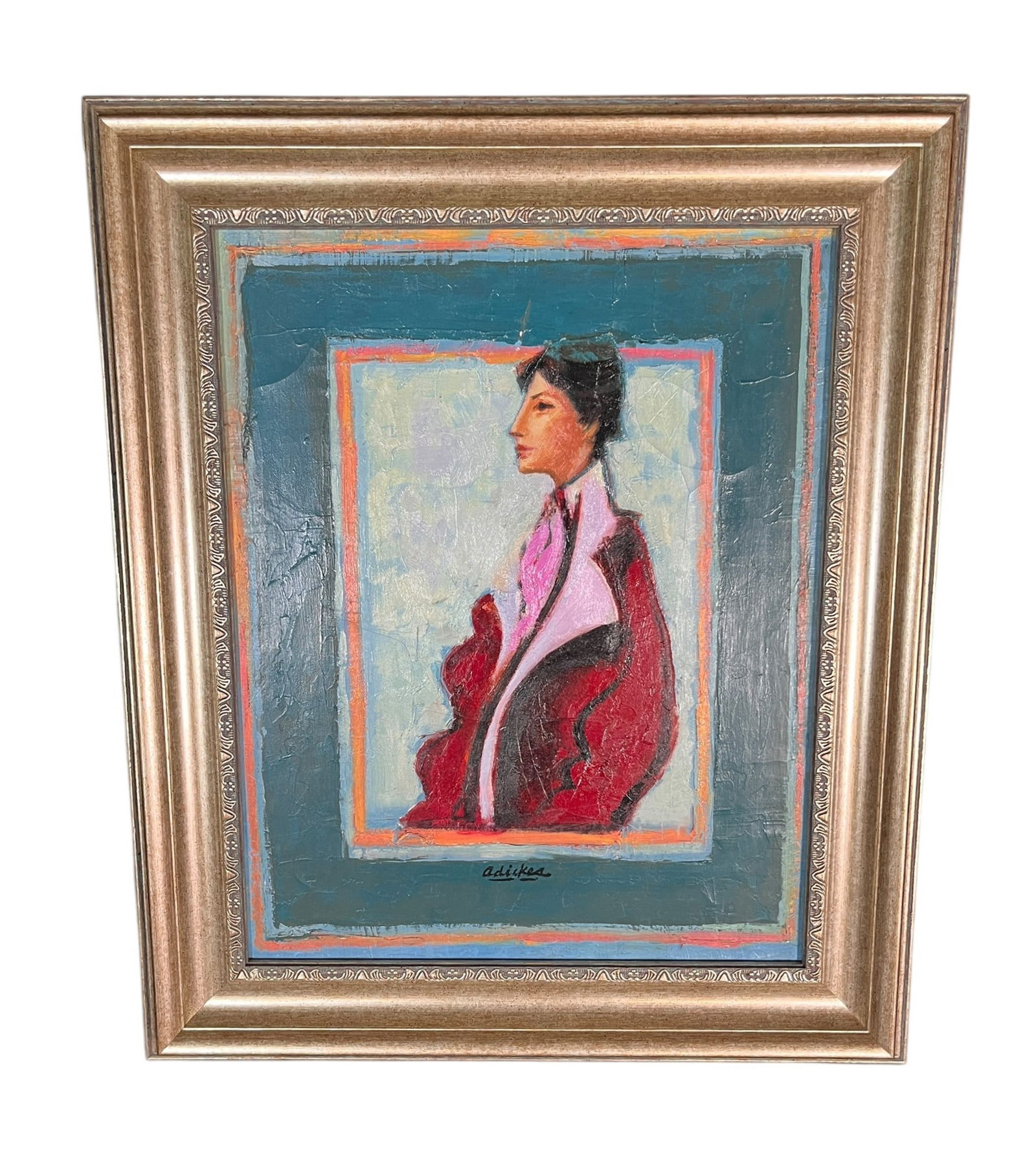 DAVID ADICKES PORTRAIT OF FEMALE ACRYLIC ON CANVAS: DAVID ADICKES PORTRAIT OF FEMALE ACRYLIC ON CANVAS. Height: 29.2 in. by Width: 21.2 in.