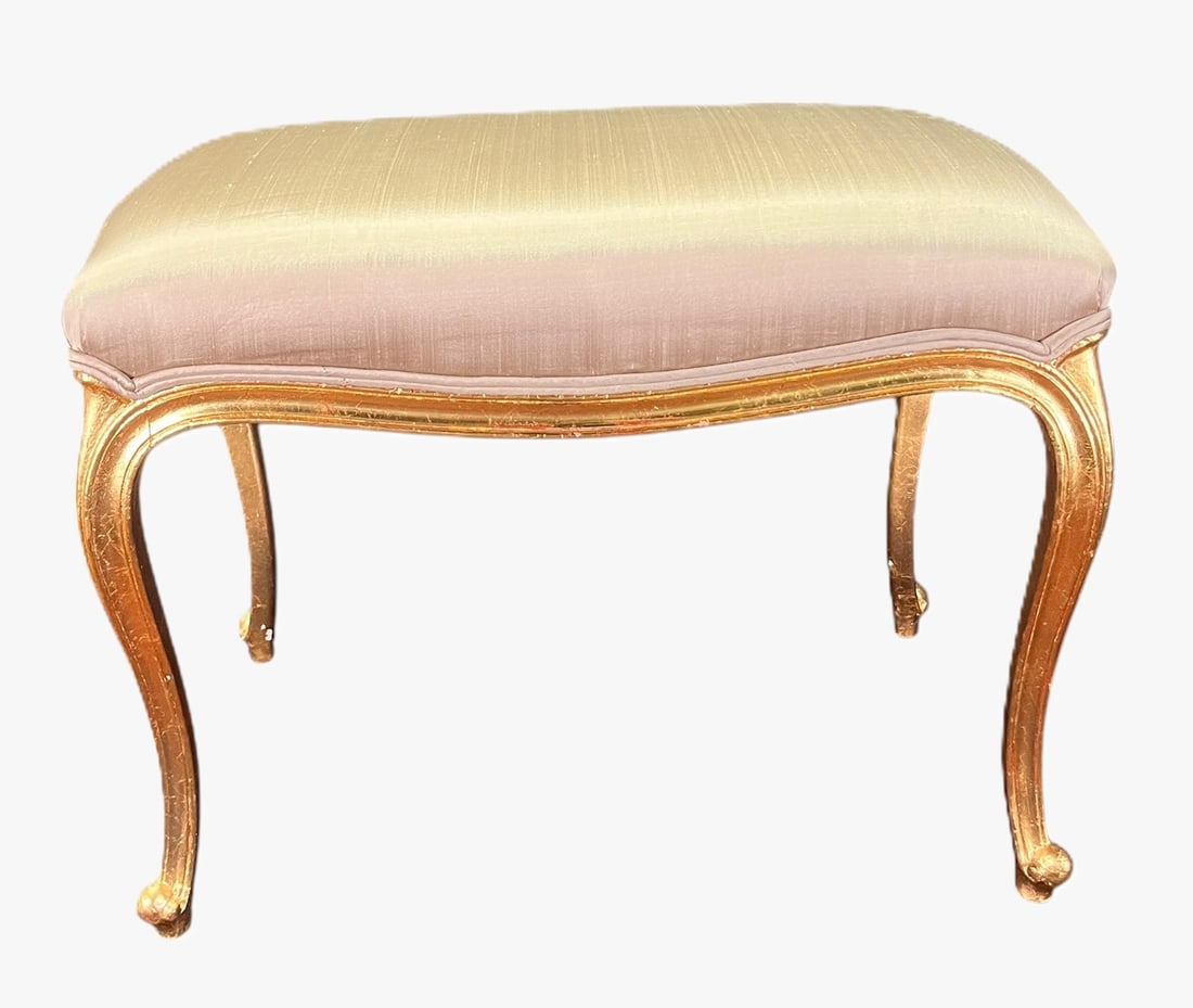 LOUIS XV GOLD FRENCH BENCH: LOUIS XV GOLD FRENCH BENCH. Height: 20 in. by Width: 26.5 in. by Depth: 16 in.