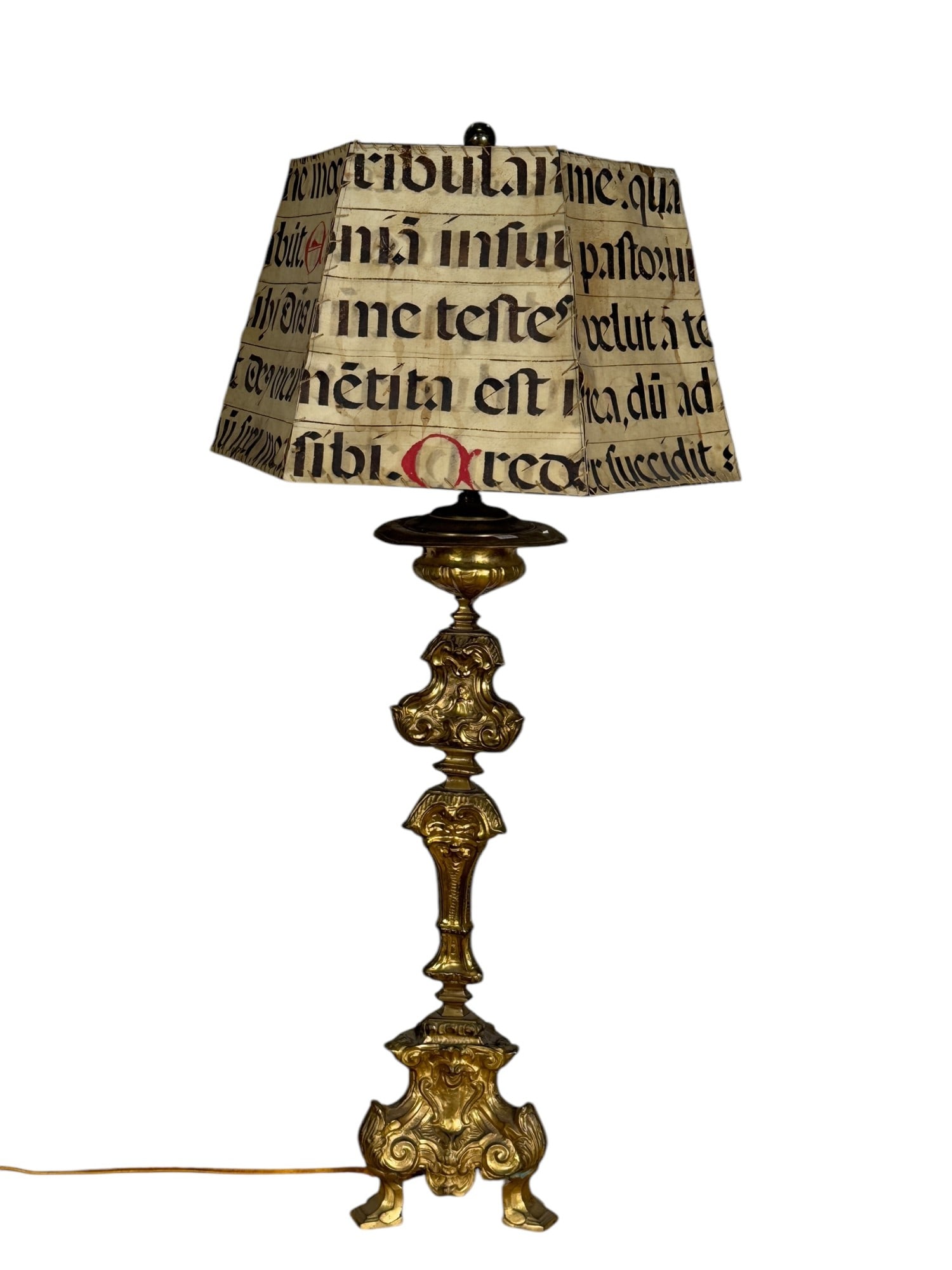 18th C. FRENCH GILT WASH BRASS ALTER STICK LAMP WITH 17 GEORGIAN CHANTS ON VELLUM SHADE (1 of 5)