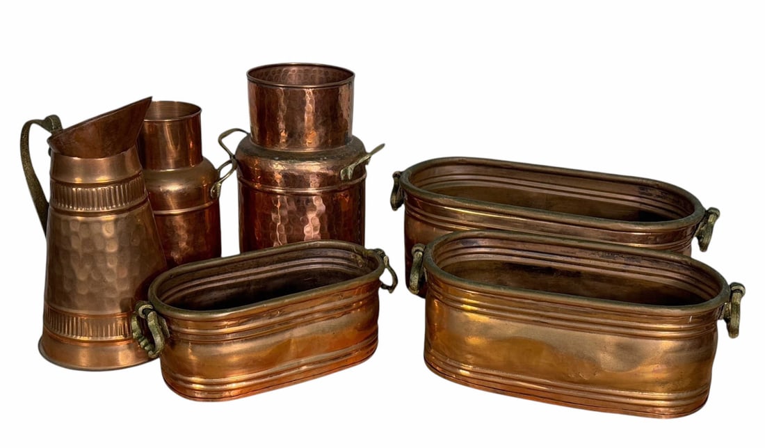 THREE COPPER PITCHERS, THREE COPPER PLANTERS (1 of 3)