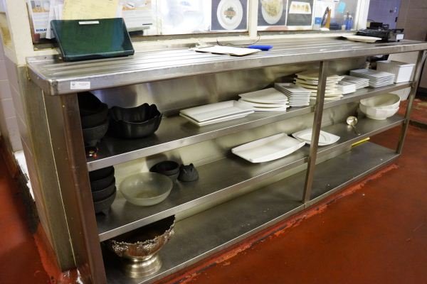 STAINLESS STEELE PREP LINE SHELVING: STAINLESS STEELE PREP LINE SHELVING.