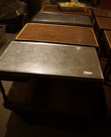 LOT OF FOUR TEA CARTS. TWO HAS S.S. TOPS.: LOT OF FOUR TEA CARTS. TWO HAS S.S. TOPS.