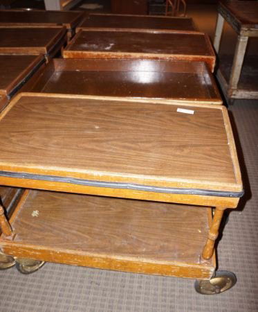 LOT OF FOUR TEA CARTS. ONE HAS DAMAGE.: LOT OF FOUR TEA CARTS. ONE HAS DAMAGE.