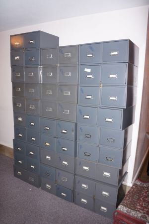 LOT OF 28 DOUBLE-DRAWER CARD CATALOG FILING CABINE: LOT OF 28 DOUBLE-DRAWER CARD CATALOG FILING CABINETS.