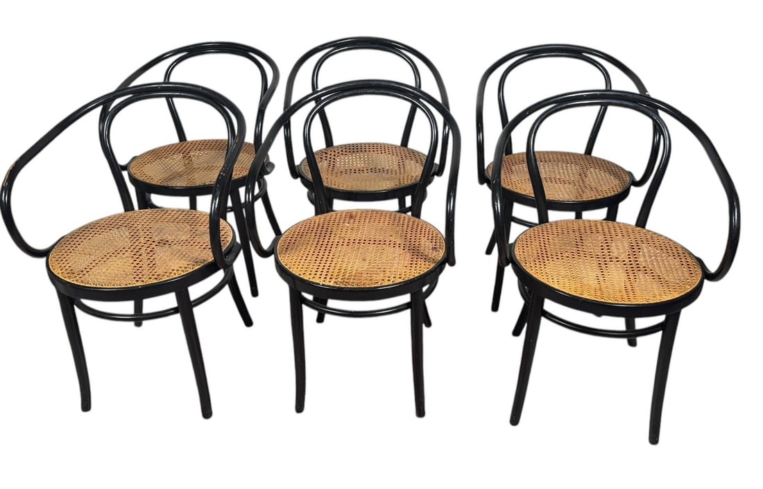 SET OF SIX 1960"s BENTWOOD VIENNA CANE CHAIRS: SET OF SIX 1960"s BENTWOOD VIENNA CANE CHAIRS. Seat height: 18.5 inches. Height: 31.5 in. by Width: 21.5 in. by Depth: 22 in.