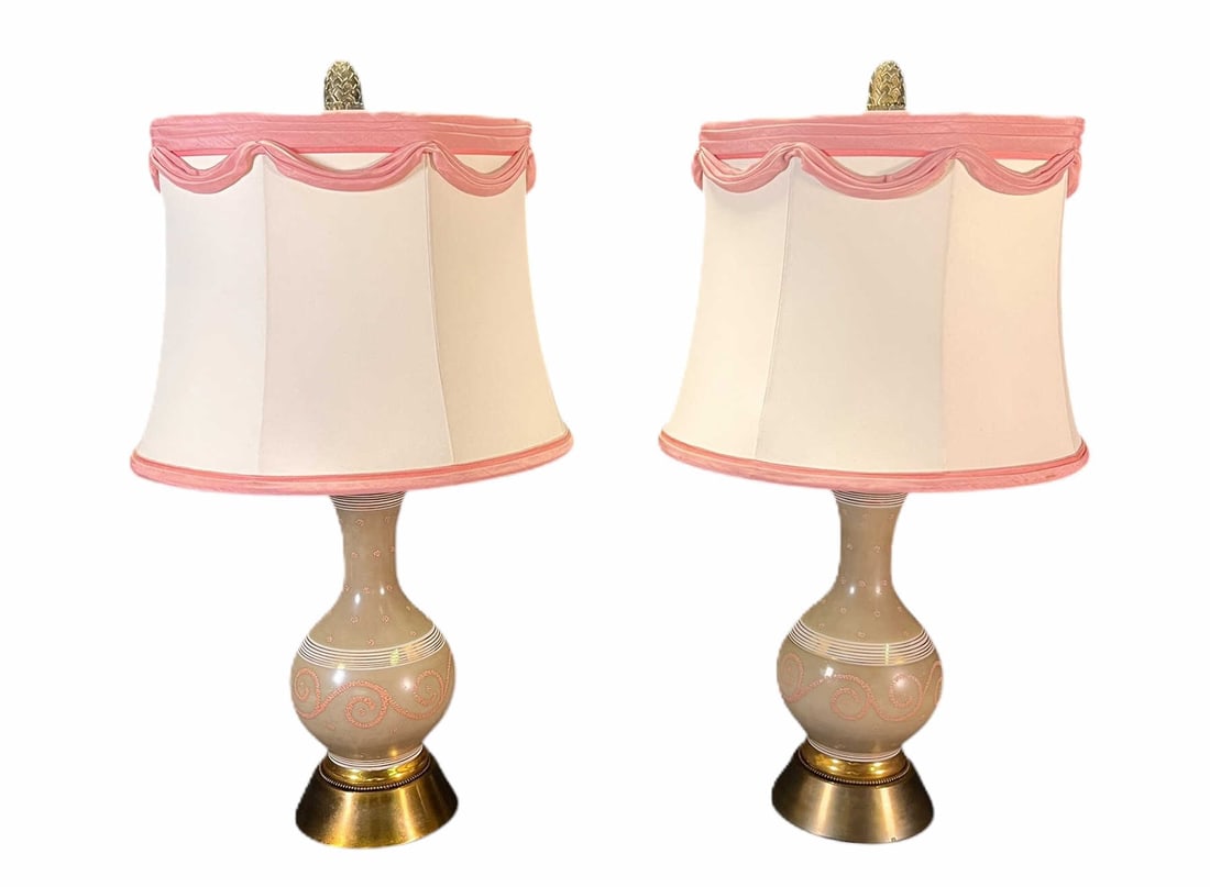 1950's GLASS LAMPS WITH ENAMEL DECORATION: 1950's GLASS LAMPS WITH ENAMEL DECORATION. Height: 31 in. by Width: 10 in. by Depth: 10 in.
