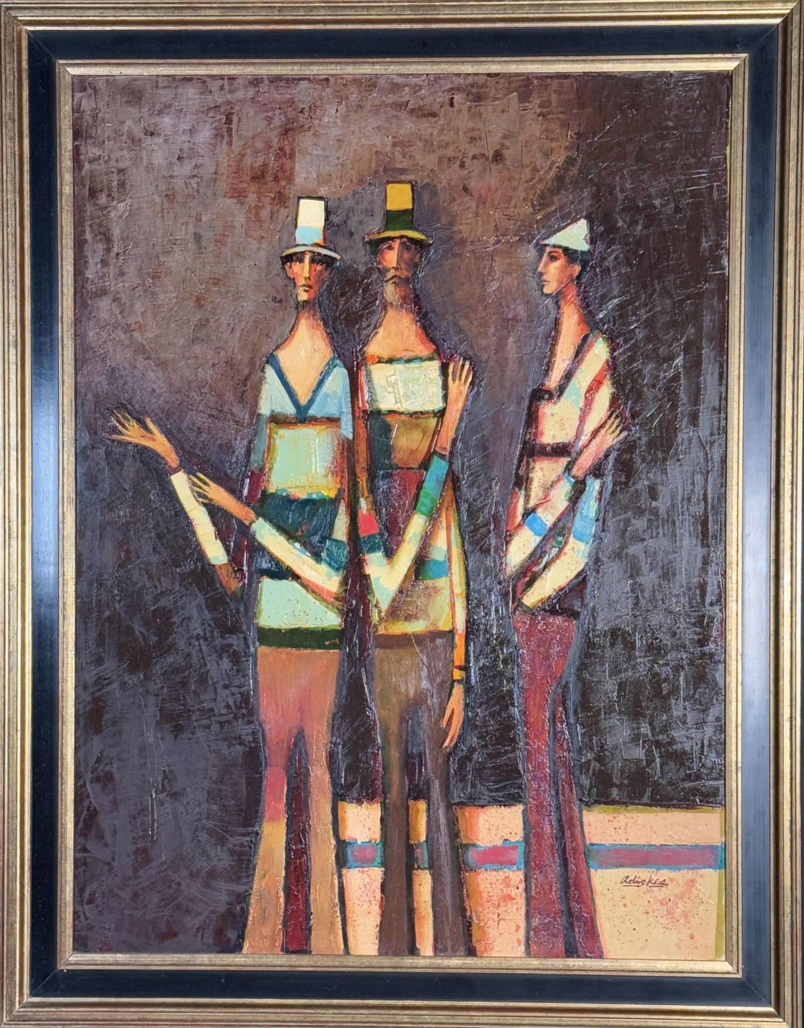 ORIGINAL DAVID ADICKES THREE FIGURE PAINTING: DAVID ADICKES THREE FIGURE PAINTING OIL ON CANVAS FROM THE 1960's . Height: 46 in. by Width: 36 in.