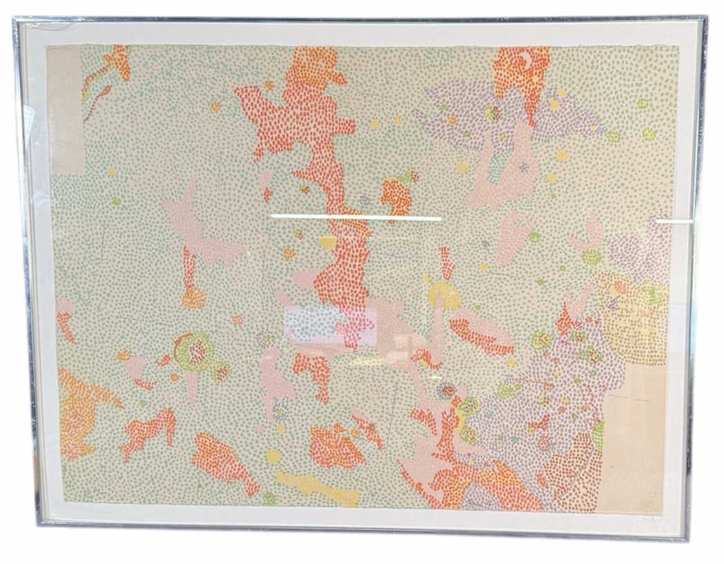 NANCY GRAVES (American, 1939-1995) LITHO 84/100: NANCY GRAVES (American, 1939-1995) LITHOGRAPH, "III," BASED ON GEOLOGICAL MAPS OF LUNAR ORBITER AND APOLLO LANDING SITES, 84/100, 1972. SOME DAMAGE TO GLASS. Height: 25.25 in. in. by Width: 32.75 in.
