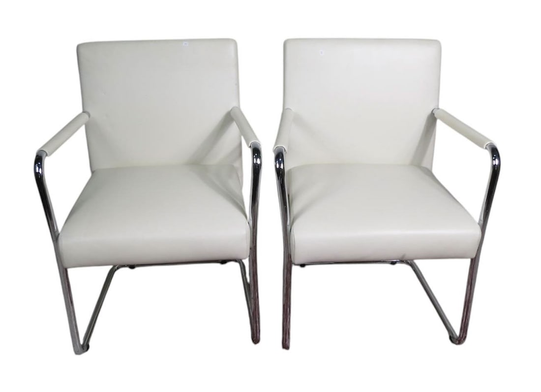 PAIR OF CHROME AND WHITE LEATHER CANTILEVER CHAIRS (1 of 2)