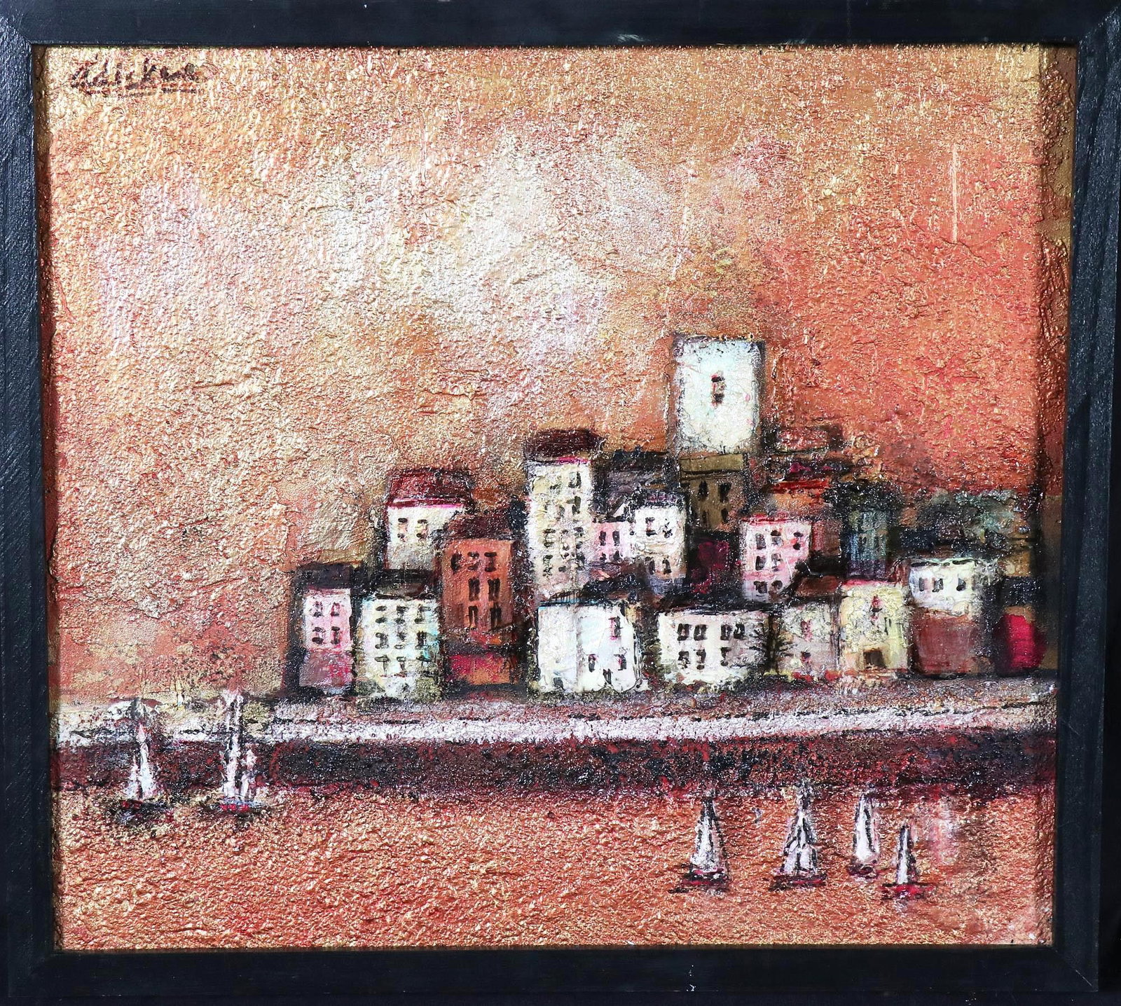 DAVID ADICKES GOLDEN ANTIBES ACRYLIC ON PANEL: DAVID ADICKES GOLDEN ANTIBES ACRYLIC ON PANEL, 2018. Height: 17 in. by Width: 19 in.