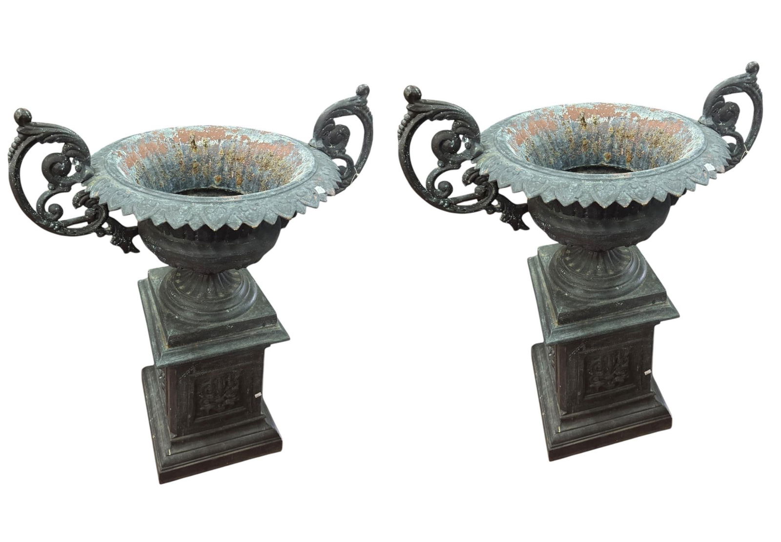 PAIR OF GREEN PAINTED URNS WITH HANDLES ON STAND (1 of 5)