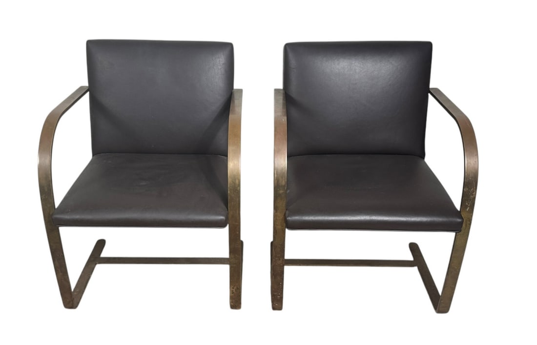 PAIR OF MIES VAN DER ROHE BY KNOLL ARMCHAIRS: PAIR OF MIES VAN DER ROHE BY KNOLL LEATHER ARMCHAIRS. Height: 31 in. by Width: 23 in. by Depth: 21 in.