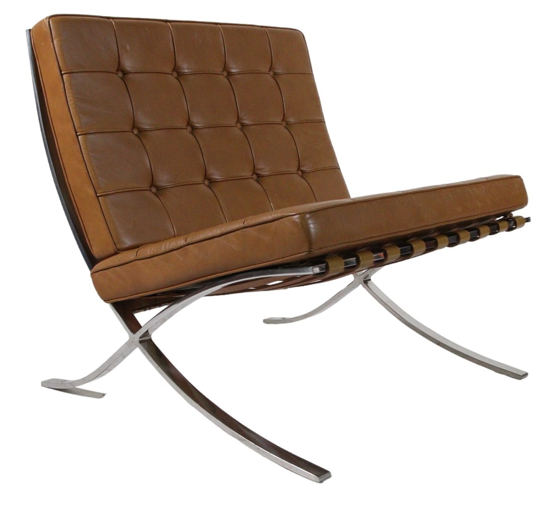 KNOLL BARCELONA CHAIR STAINLESS / TAN VOLO LEATHER #6.: KNOLL BARCELONA CHAIR STAINLESS / TAN VOLO LEATHER #6. 30.25"H X 29.5"W X 30"D.