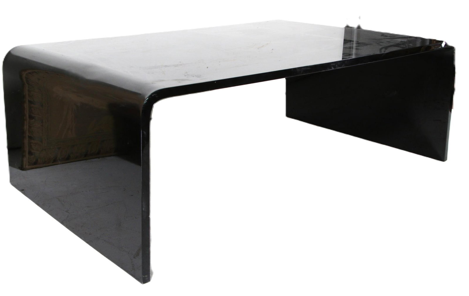 BLACK WATERFALL LUCITE COFFEE TABLE: BLACK WATERFALL LUCITE COFFEE TABLE. Height: 20 in. by Width: 57 in. by Depth: 36 in.
