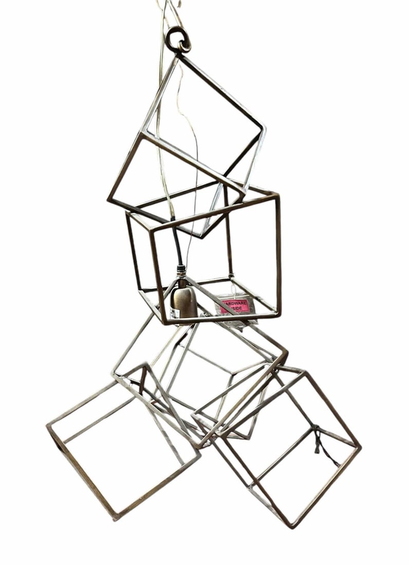 BRADFORD W. COLLIER AFTON LIGHT PENDANT: BRADFORD W. COLLIER AFTON LIGHT PENDANT . ABSTRACT GOLD METAL BOX SCULPTURE LIKE CHANDELIER. Height: 29 in. by Width: 19 in.