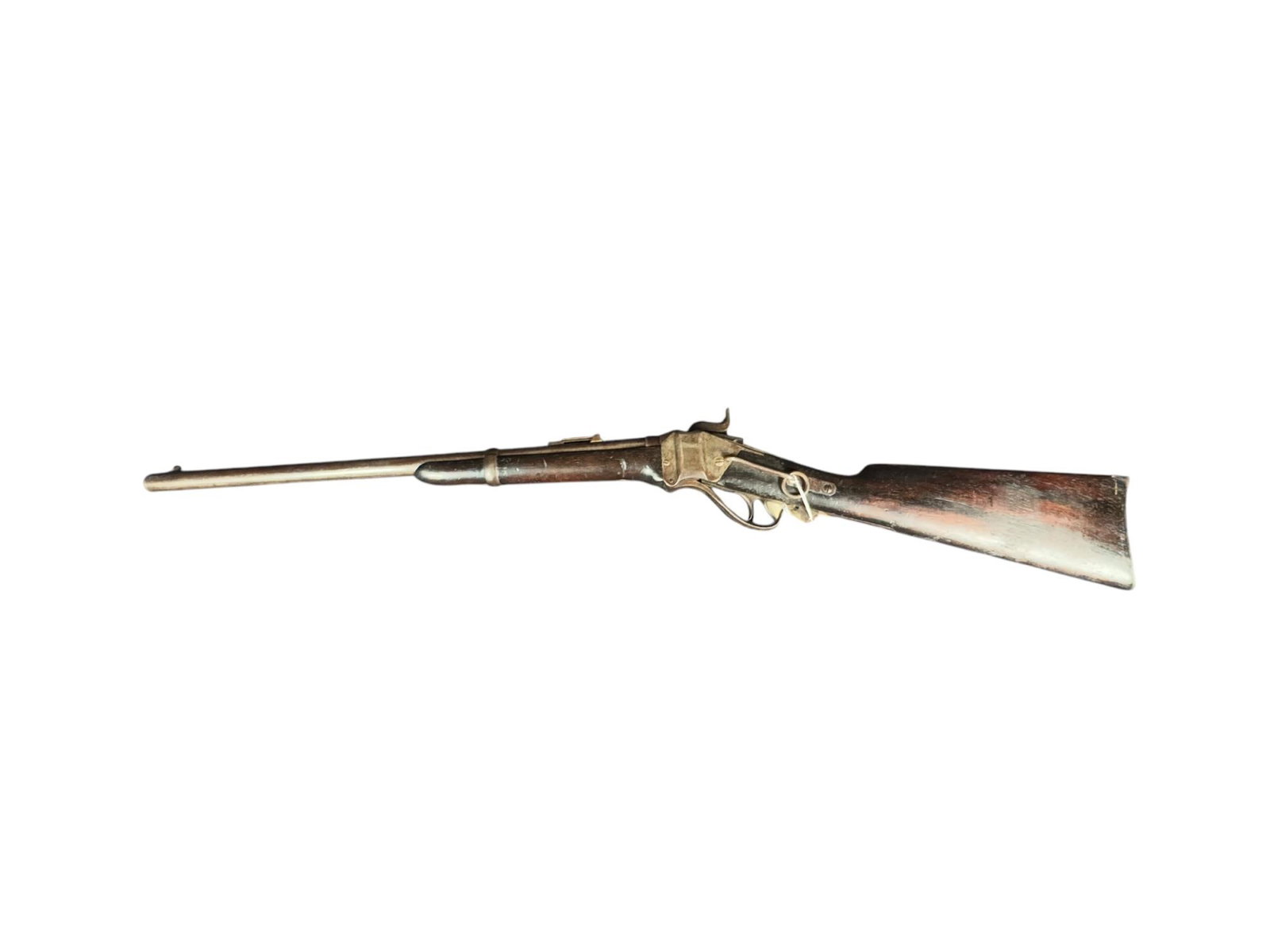 C SHARPS NEW MODEL 1863 .52 CAL CAVALRY CARBINE: C. Sharps New Model 1863 .52 caliber breech loading cavalry carbine. Top of barrel behind rear sight stamped New Model 1863. Wood stock and forend. Steel butt plate. Saddle ring. Blade front sight. Ad